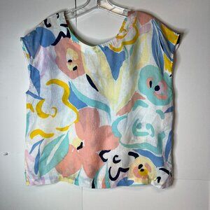 Rachel Zoe Women’s Medium 100% Linen Top Colorful Abstract Print Back Button